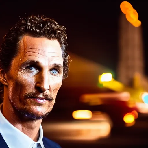 Image similar to a still of matthew mcconaughey . Shallow depth of field. City at night in background, lights, colors ,studio lighting, mood, 4K. Profession photography