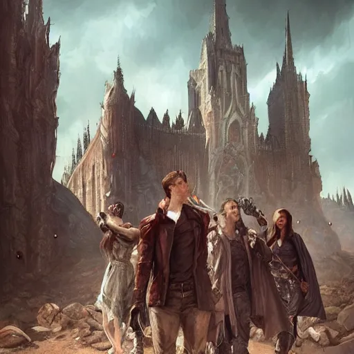 Prompt: epic masterpiece of cinematographic hyperrealism where a group of archeologists appears in front of a large vampire tower. realistic shaded lighting poster by craig mallismo, artgerm, jeremy lipkin and michael garmash, unreal engine, detailed and intricate environment, digital art, art station trends, horror, night, darkness