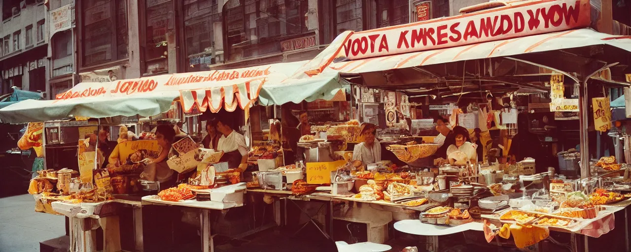 Image similar to food stand featuring spaghetti bowls, in downtown nyc, kodachrome, in the style of wes anderson, retro