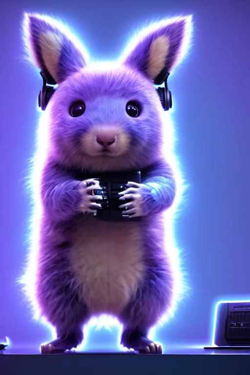 Image similar to high quality 3 d render neo - cyberpunk very cute half fluffy! wombat!! half cyborg with big headphones, pastel mechanical! paw, cyberpunk monocle!, highly detailed, unreal engine cinematic smooth, in the style of detective pikachu, hannah yata charlie immer, neon purple light, low angle, uhd 8 k, sharp focus