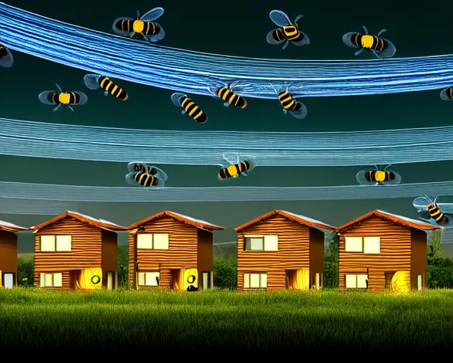 Image similar to connected ecovillage houses with solrarroofs, very big bees flying around - plant goddess high quality photo, microchip, artificial intelligence, bio - mechanical bio - luminescence, black wired cables, neurons, nerve cells, cinematic, rim light, photo - realistic, elegant, high detail, 8 k, masterpiece, high fashion, in the style of man ray