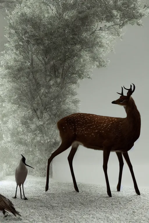 Prompt: a deer wearing a white formal coat conversing with a crow wearing a red formal coat, hyperrealistic, concept art, octane render, unreal engine 5, trending on DeviantArt, highly detailed, high quality, 8K, soft lighting, cute, natural lighting, realistic face, trending on Artstation, elegant clothes, profile picture, path traced, house background