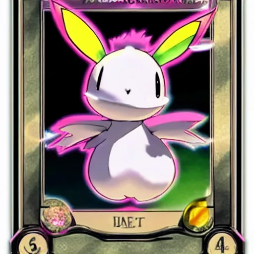 Image similar to a rare holographic pokemon card of a Moogle from Final Fantasy