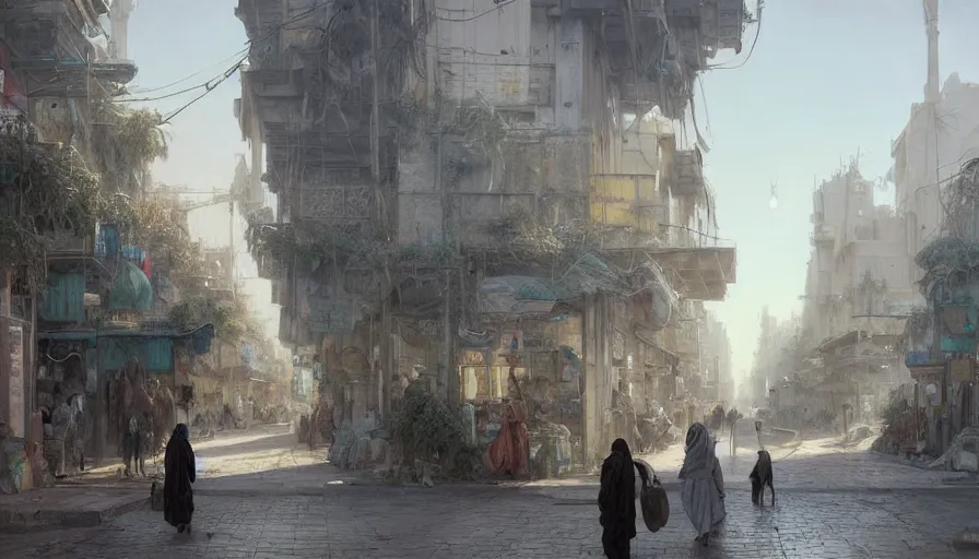 Image similar to jeddah city street, roshan, shops, a bright pharmacy, a nomad wearing a worn out coat, plants, old tree, dramatic lighting fantasy, sci fi, by caspar david friedrich by james gilleard and justin gerard, centered, artstation, smooth, sharp focus, photoreal octane render, by jean baptiste monge, gustave dore, deviantart