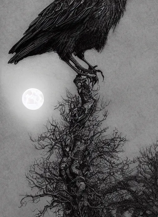 Prompt: crow on tree in front of the full big moon, dramatic lighting, cinematic, establishing shot, extremely high detail, foto realistic, cinematic lighting, pen and ink, intricate line drawings, by Yoshitaka Amano, Ruan Jia, Kentaro Miura, Artgerm, post processed, concept art, artstation,