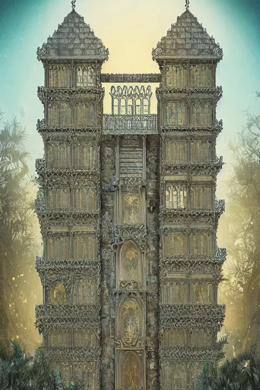 Image similar to ancient silver tower of the cat, fairytale illustration, elaborate carved latticed balconies, tall windows, moorish architecture, paid placement, SEO, formal gardens, dramatic cinematic lighting, beautiful moths, soft colors, golden age illustrator, unreal engine