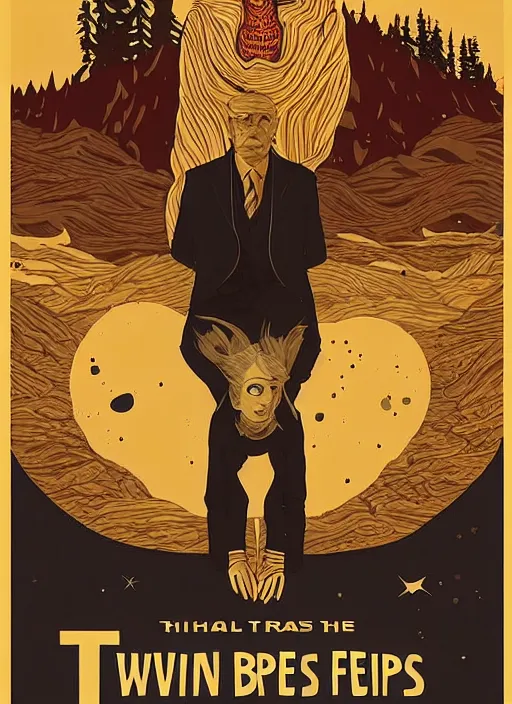 Prompt: Twin Peaks poster artwork by Michael Whelan, by Bob Larkin and Tomer Hanuka, Karol Bak of To every living being, and every living soul. Now cometh the age of the stars. A thousand year voyage under the wisdom of the Moon. Here begins the chill night that encompasses all, reaching the great beyond. Into fear, doubt, and loneliness, from scene from Twin Peaks, clean, simple illustration, nostalgic, domestic