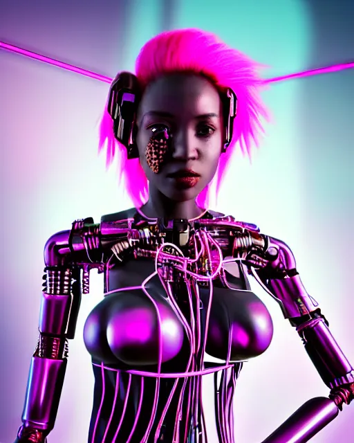 Image similar to portrait of a beautiful black woman with pink hair as a cyberpunk cyborg half robot, revealing wires and electronics, hooked - up, sci - fi, missing panels, intricate abstract upper body intricate artwork, concept art, octane render, deviantart, cinematic, key art, hyperrealism, iridescent accents, portrait photograph, nikon 3 5 mm, photograph by greg rutkowski