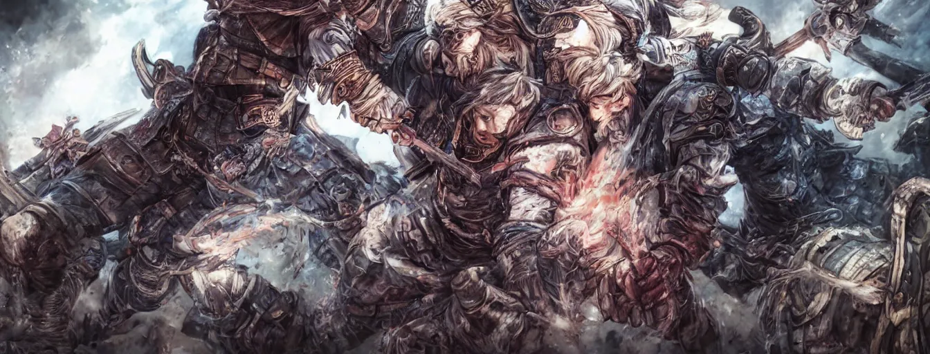 Image similar to a close up of a berserker calvary commander refusing to die. hyperrealistic anime background illustration by kim jung gi, colorful, extremely detailed intricate linework, smooth, super sharp focus, bright colors, high contrast, matte, octopath traveler, unreal engine 5 highly rendered, global illumination, radiant light