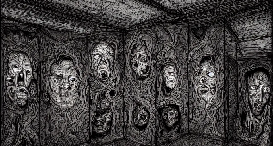 Image similar to a room with walls made from human faces, by david lapham, hand drawn, gritty, body horror, dark colors, trending on artstation, ultra high detail