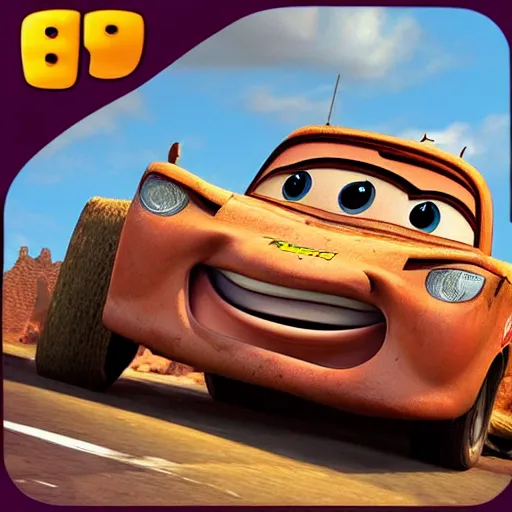 Image similar to mater from cars driving into a building, rubble, disney pixars cars, mater, unreal engine 5