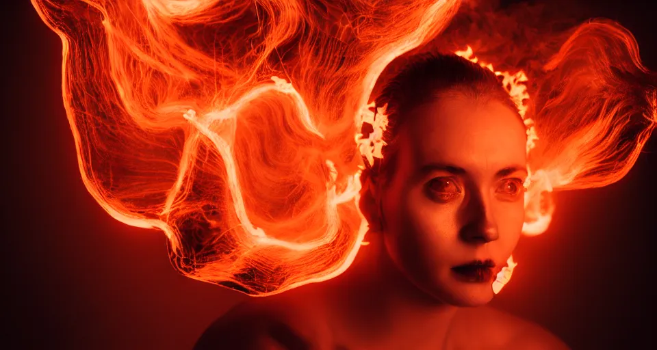 Prompt: portrait of a woman with horns made of flames in the wisps of thick smoke, looking into the camera, studio photography, studio lighting, realistic render, octane render, 4 k, 8 k, face in focus