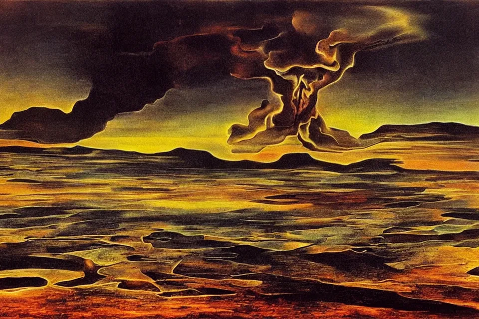 Prompt: Burning land abandoned by God,Salvador Dali.