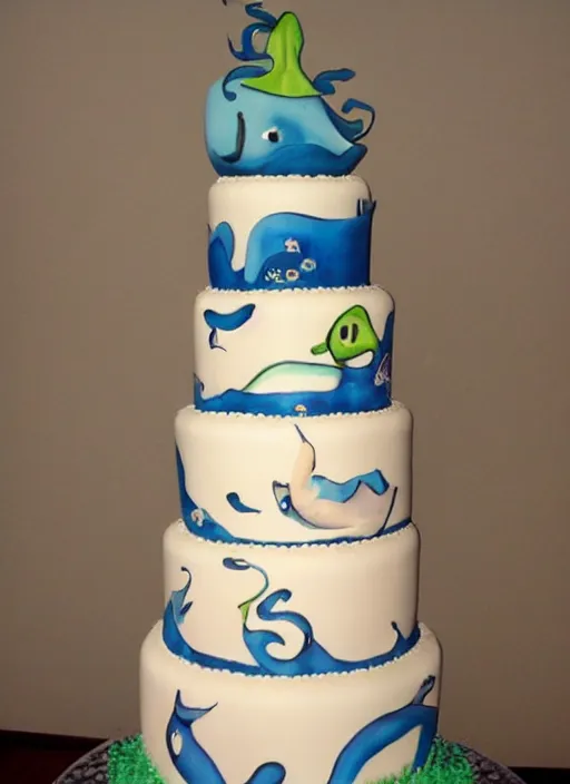 Prompt: a wedding cake with a squid and a whale on top