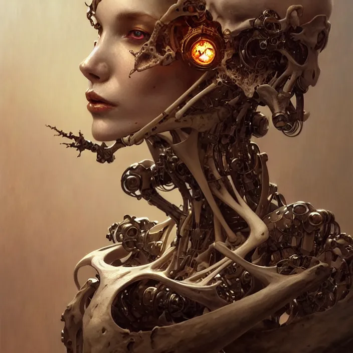 Image similar to bone cyborg, diffuse lighting, fantasy, intricate, elegant, highly detailed, lifelike, photorealistic, digital painting, artstation, illustration, concept art, smooth, sharp focus, art by john collier and albert aublet and krenz cushart and artem demura and alphonse mucha