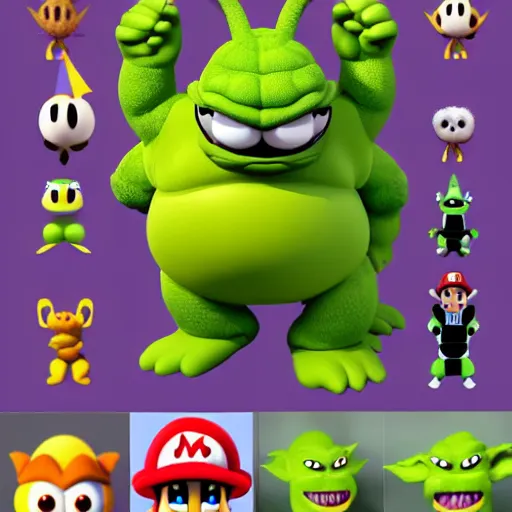 Image similar to super mario as godzilla yoda donkey kong pikachu yeti shrek fairy homer groot waluigi darth vader mike wazowski, highly detailed, extremely high quality, hd, 4 k, 8 k, professional photographer, 4 0 mp, lifelike, top - rated, award winning, cinematic, realistic, detailed lighting, detailed shadows, sharp, no blur, edited, corrected, trending