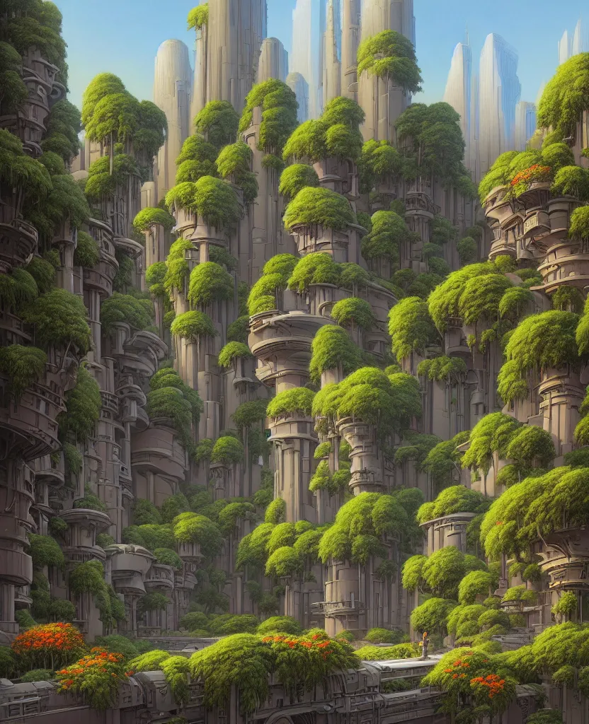 Prompt: reclaimed by nature by ralph mcquarrie inspired cityscape, highly detailed, flowers