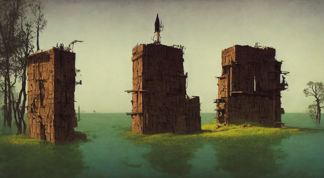 Image similar to single flooded simple ancient wooden arabian tower, very coherent and colorful high contrast!! masterpiece by rene magritte simon stalenhag carl spitzweg syd mead norman rockwell edward hopper james gilleard, surrealism!, minimalist, dark shadows, sunny day, hard lighting