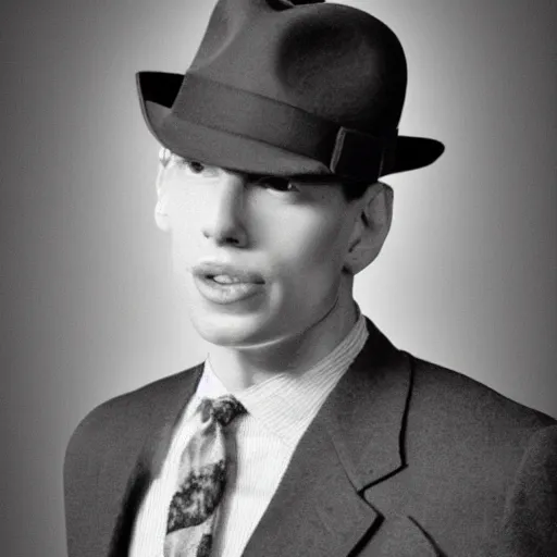 Image similar to A photograph portrait of Jerma985 wearing a suit with and fedora in the 1950s, taken in the early 1950s, grainy, taken on a 1950s Kodak Camera, realistic, hyperrealistic, very realistic, highly detailed, very detailed, extremely detailed, detailed, digital art, trending on artstation