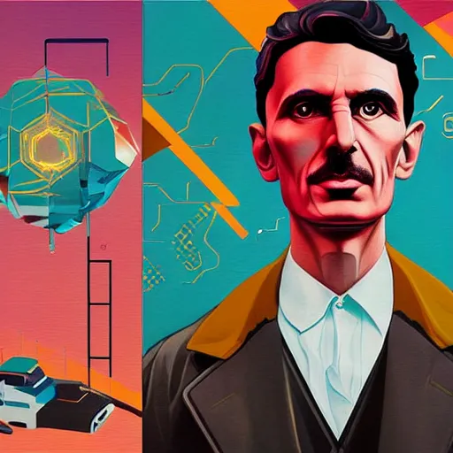 Prompt: glorious futuristic visionary inventor nikola tesla profile picture by sachin teng, c 2 1 5 and artgerm, masterpiece, organic painting, matte painting, technical geometrical drawing shapes, lightning electricity coil, hard edges, graffiti, street art by sachin teng and c 2 1 5
