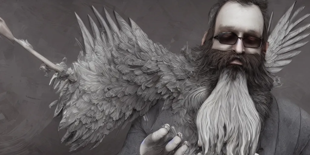 Prompt: beard, bard, wings, trippy, weird, artstation, realistic