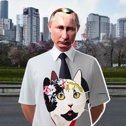 Prompt: vladimir putin wearing harajuku clothes. cat ears. cute matte painting