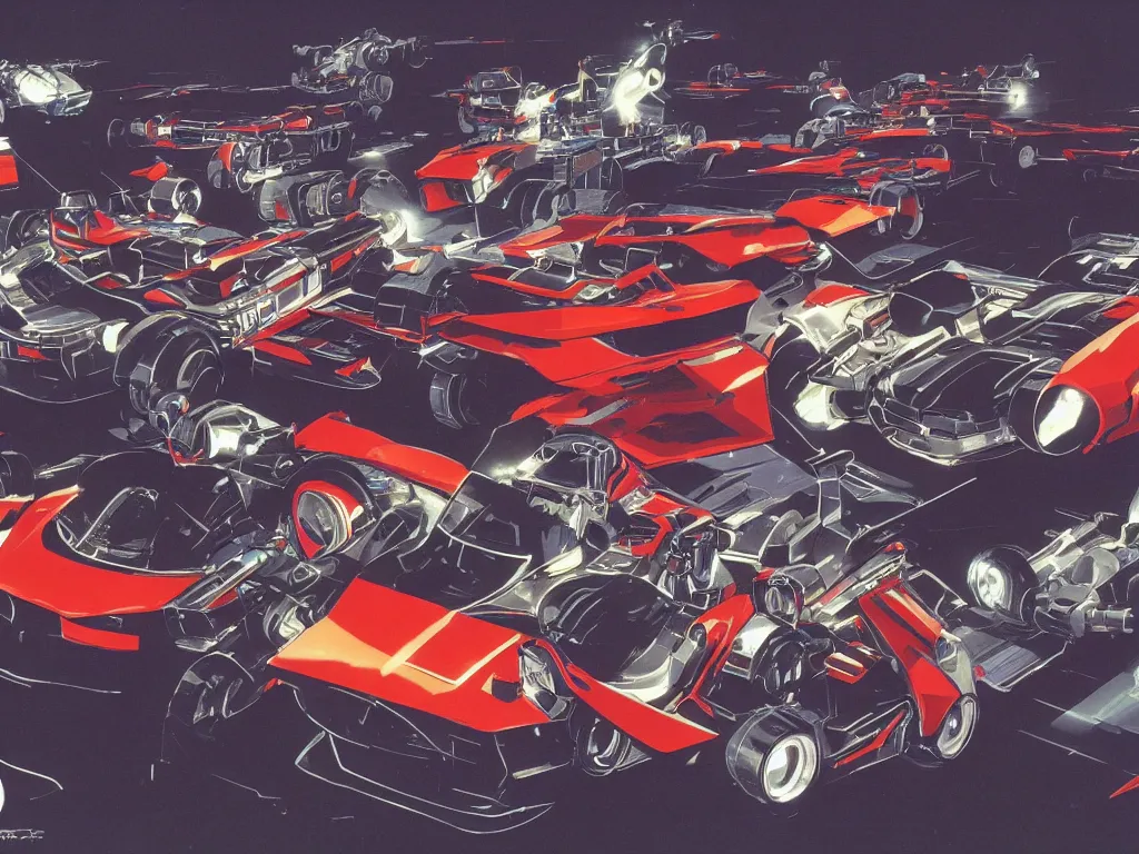 Prompt: Mechbots designed by Ferrari and Lamborghinis in battle in Tokyo at night by syd mead