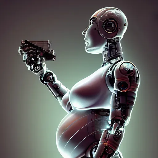 Image similar to pregnant female cyborg, robot anatomy elements, female body elements, cozy atmospheric and cinematic lighting, ultra rendered extreme realism and detail, 8 k, photorealistic, sharp focus