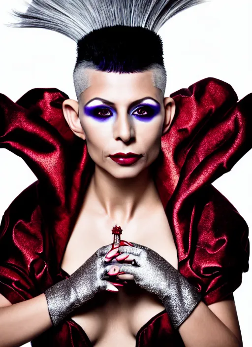 Prompt: surreal highly detailed photo portrait of a beautiful female magician, silver pixie cut with shaved sides hair, powerful radiant confident vibe, 150 mm lens, soft rim light, bold ornate crimson robes with silver trim, pronounced facial contouring, sly expression, bronze skin, dark studio background, Alexander McQueen, high fashion, haute couture, rococo, anatomical, elegant, hyper realistic, octane render, unreal engine 5, art by John Collier and Albert Aublet and Krenz Cushart and Artem Demura and Alphonse Mucha, volumetric lighting, 8k, vibrant high contrast coloring, Art Nouveau, masterpiece, intricate, ethereal