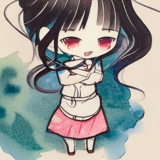 Image similar to beautiful water color concept art of face detailing cute nendoroid girl in the style of ukiyoe , toon rendering, close-up, no shade, modern art, smile, beautiful eye