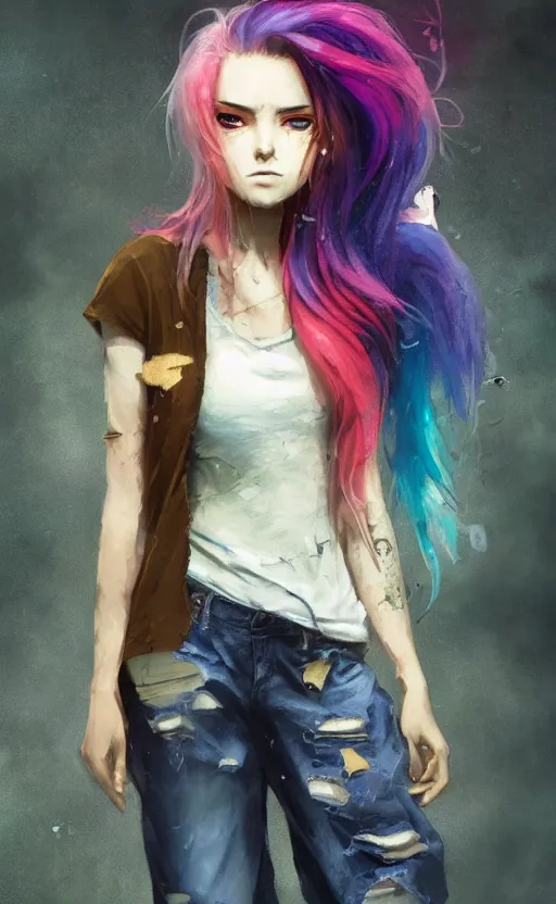 Prompt: a grungy woman with rainbow hair, drunk, soft eyes and narrow chin, dainty figure, long hair straight down, torn kawaii shirt and baggy jeans, basic white background, In style of by Jordan Grimmer and greg rutkowski, crisp lines and color,