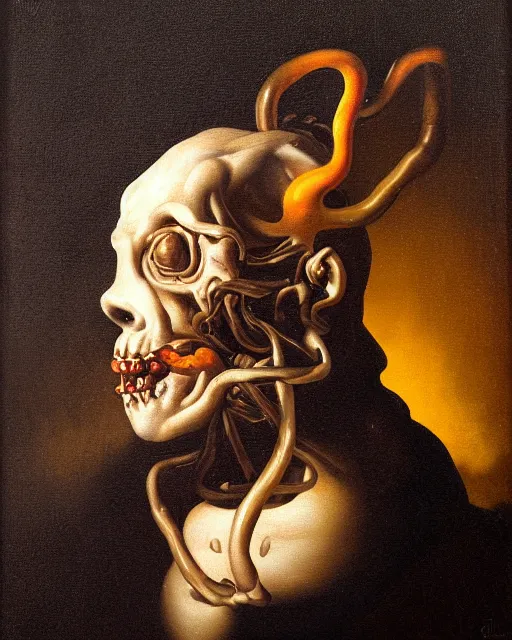 Image similar to refined gorgeous blended oil painting with black background by christian rex van minnen rachel ruysch dali todd schorr of a chiaroscuro portrait of an extremely bizarre disturbing mutated man with shiny skin acne dutch golden age vanitas intense chiaroscuro cast shadows obscuring features dramatic lighting perfect composition masterpiece