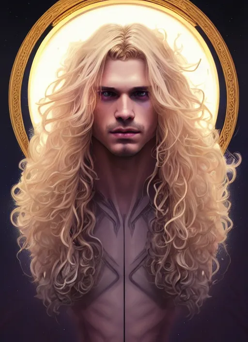 Image similar to symmetry portrait of a pale blond androgynous prince with very curly long blond curly hair, sci - fi, tech wear, glowing lights intricate, elegant, highly detailed, digital painting, artstation, concept art, smooth, sharp focus, illustration, art by artgerm and greg rutkowski and alphonse mucha