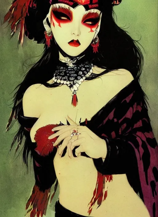 Image similar to female korean vampiress, jeweled headdress, heavy mascara, strong line, saturated color, beautiful! coherent! by frank frazetta, high contrast, minimalism