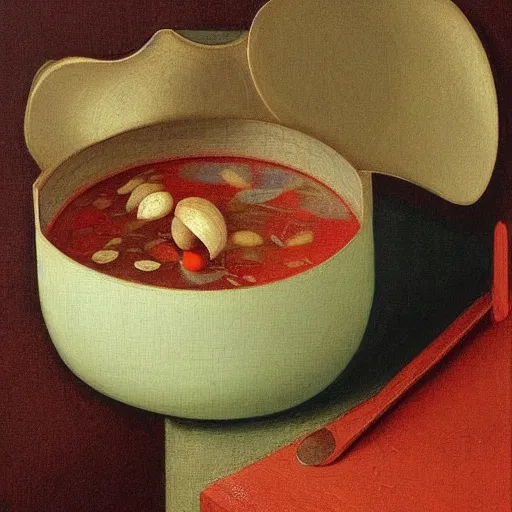 Prompt: ornamented by hsiao - ron cheng, by filippino lippi rococopunk. in this painting, the artist has used a photo - realist style to depict a can of soup. the can is placed on a plain background, & the artist has used bright, primary colors to create a striking image. the painting is both realistic & abstract