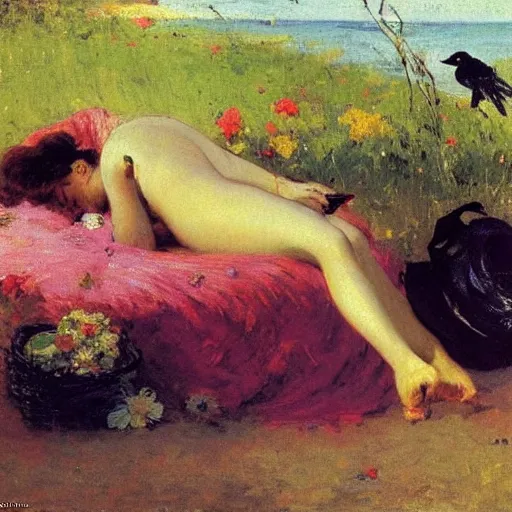 Prompt: beautiful woman with glowing, youthful skin lounging on beach, idyllic scene, birds and flowers around her, by ilya repin, colorful