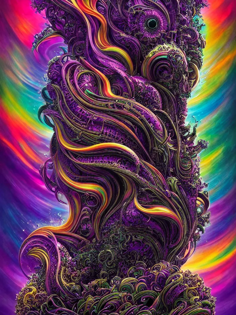 Prompt: depicting a wrathful technological nightmare monster god, in the style of lisa frank, exuberant organic elegant forms, by karol bak and filip hodas : : 1. 4 purple, red, blue, green, black intricate mandala explosions : : intuit art : : turbulent water backdrop : : damask wallpaper : : atmospheric