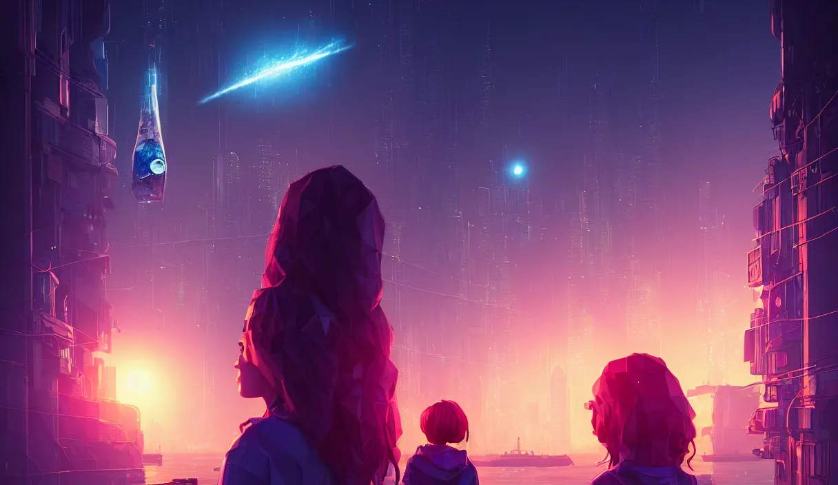 Image similar to girl staring at a meteorite hitting a floating cyberpunk city at night by wlop, low poly art, ultra detailed color art, high detail, digital art