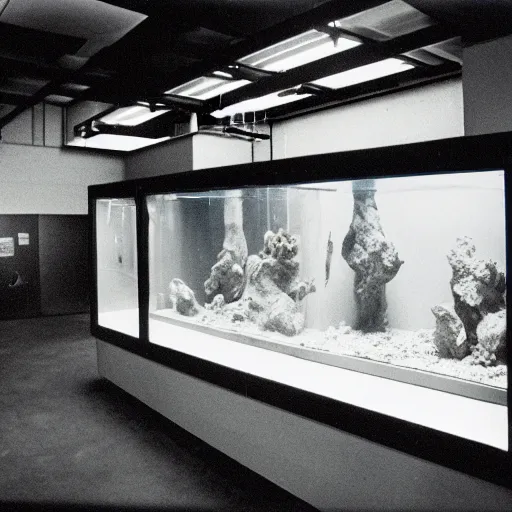 Image similar to spooky creepy liminal space, display case, aquatic exhibition science museum, half - dried aquarium with submerged spine, bright computer screens, backroom stairs leading down under water, photo taken on 1 9 8 0 s fujifilm superia