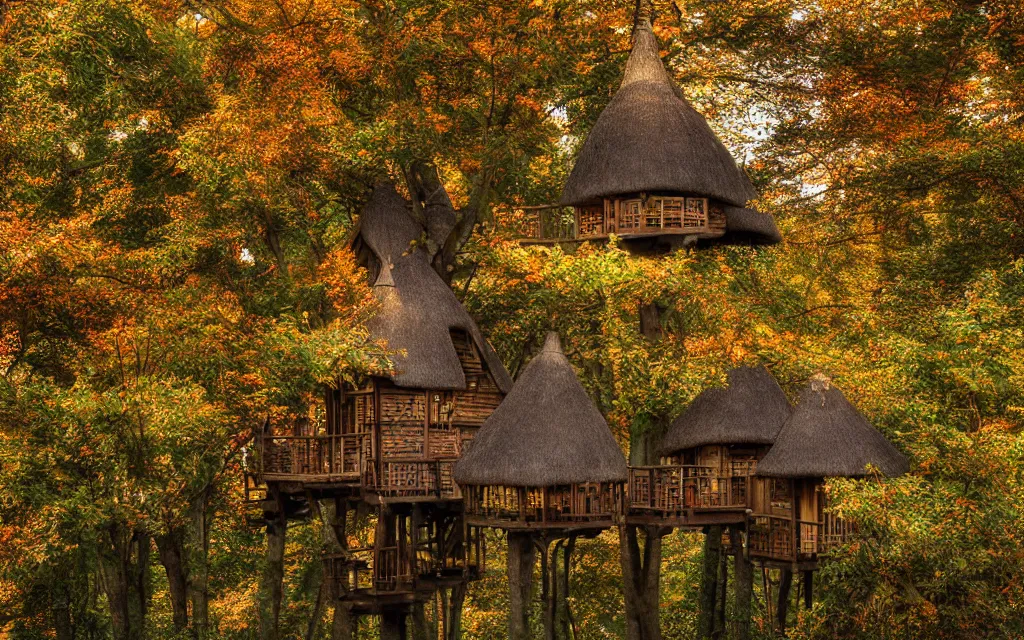 Prompt: a group of medieval style tree houses with thatched roofs, nestled in a forest, golden hour, autumn leaves, realistic high quality art digital art