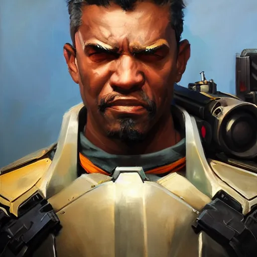 Image similar to greg manchess portrait painting of armored trevor phillips as overwatch character, medium shot, asymmetrical, profile picture, organic painting, sunny day, matte painting, bold shapes, hard edges, street art, trending on artstation, by huang guangjian and gil elvgren and sachin teng