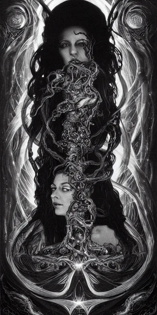 Image similar to intense glowing black metal pagan god with tentacles and intense black eyes in very dark cosmic space nebula by karol bak and alphonse mucha and h r giger, portrait, fantasy, clear, light beams, lens flare, soft, uhd, amazing depth, cinematic lighting, purple and blue and black and white and metallic silver