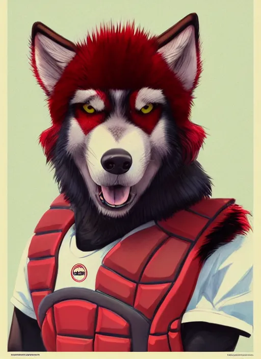 Prompt: commissioned full body portrait of a male anthro aslakan malamute with red fur playing baseball in a baseball stadium wearing a baseball uniform, by a professional manga illustrator, by Kilian Eng, by Sandra Chevrier, trending on artstation