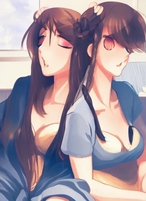 Prompt: two beautiful mothers sitting by a fan on a hot summer evening, gorgeous faces, thick lines, cinematic lighting, detailed anime art