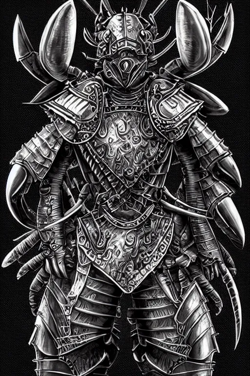 Image similar to human warrior, lobster themed armour, crab pinchers, symmetrical, highly detailed, digital art, needles, sharp focus, trending on art station, kentaro miura manga art style