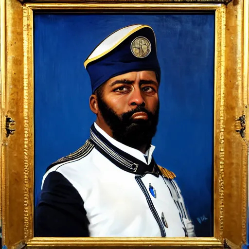 Image similar to full body portrait of the dictator of the orlando magic, 1 8 8 9, in full military garb, magic blue, silver, and black, oil on canvas by william sidney mount, trending on artstation