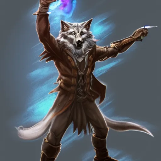 Image similar to wizard is holding a staff as a wolf, dynamic pose, chromatic aberration , medium level shot, fantasy, illustration, concept art,