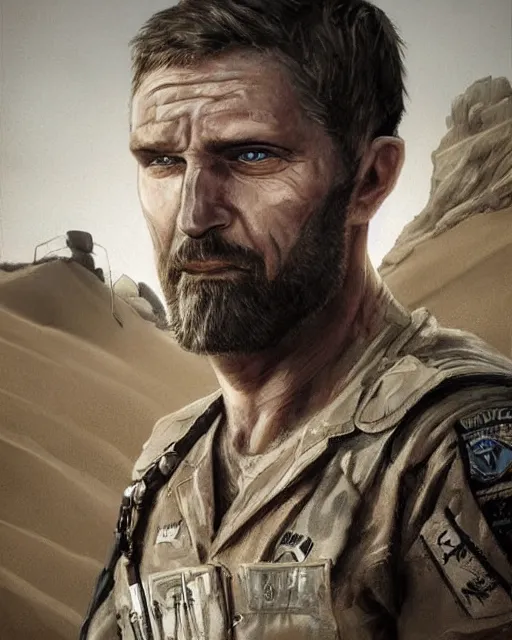 Prompt: portrait of muscular, tired and alcoholic 3 5 - year - old handsome man with short darkblonde hair, serious sad look in his eyes, dirty beard, blue eyes, wearing dirty soldier uniform, on the desert, hyper realistic face, beautiful eyes, character art, art by mark brooks, hyperdetailed, cryengine, trending on artstation, digital art