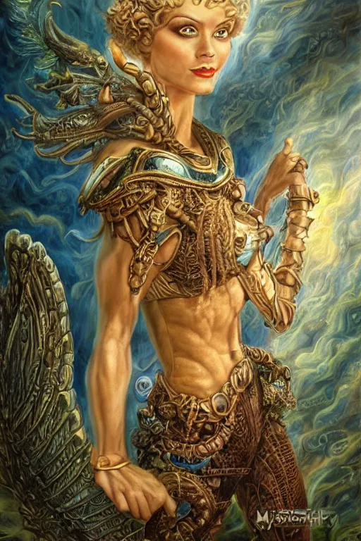 Image similar to Mystical Valkyrie, Portrait of a beautiful female Atlantean Reptilian Warrior, Realistic, Regal, Refined, Detailed Digital Art, Michael Cheval, Walt Disney (1937), François Boucher, Oil Painting, Steampunk, Josephine wall, Highly Detailed, Cinematic Lighting, Unreal Engine, 8k, HD