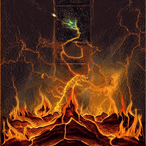 Prompt: digital art of fire and hail destroy a 4000BC middle eastern town, frightening, terrifying, divine, golden ratio, f32, well composed, cohesive